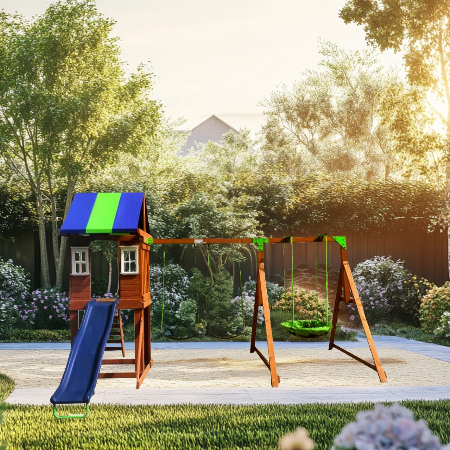 SportsPower West Fork Wooden Swing Set with Slide, Rock Wall